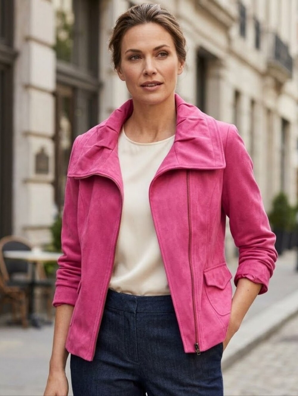 14 🌸Laura Hot Pink Cropped Blazer Jacket Faux Suede Wide Collar